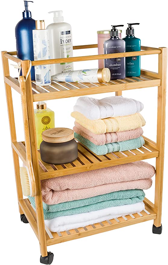 BAMBOO LAND Bamboo 3-Tier Rolling Utility Cart, Bamboo Kitchen Cart, Bamboo Bathroom Trolley, Portable Bathroom Rolling Organizer with Wheels, Trolley Organizer Cart, Easy Assemble
