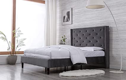Home Life Premiere Classics Velour Grey 51" Tall Headboard Platform Bed with Slats Full- 007 (00007)