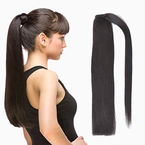 18" Straight Wrap Around Ponytail Human Hair Extensions for Women 70gram Natural Black 1B#