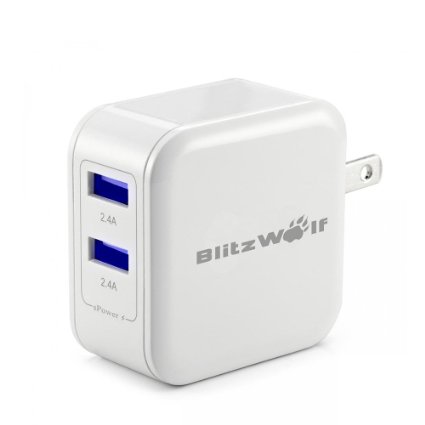 Dual USB Wall Charger, BlitzWolf 4.8A/24W Portable Travel Charger Adapter Power3S for iPhone 6 6s Plus, iPad Air Mini, Samsung Galaxy S5 S6 Edge Note 4 5, HTC, Sony Xperia Z3 (White)
