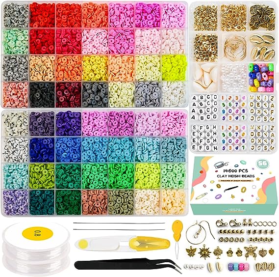 14600pcs Clay Beads for Bracelets Making Kit, 56 Colors Polymer Heishi Flat Clay Beads Charms for Jewelry Earring Making Kit Smiley Face Letter Beads with Necklace Strings Stuff Gift for Girls 6-12…
