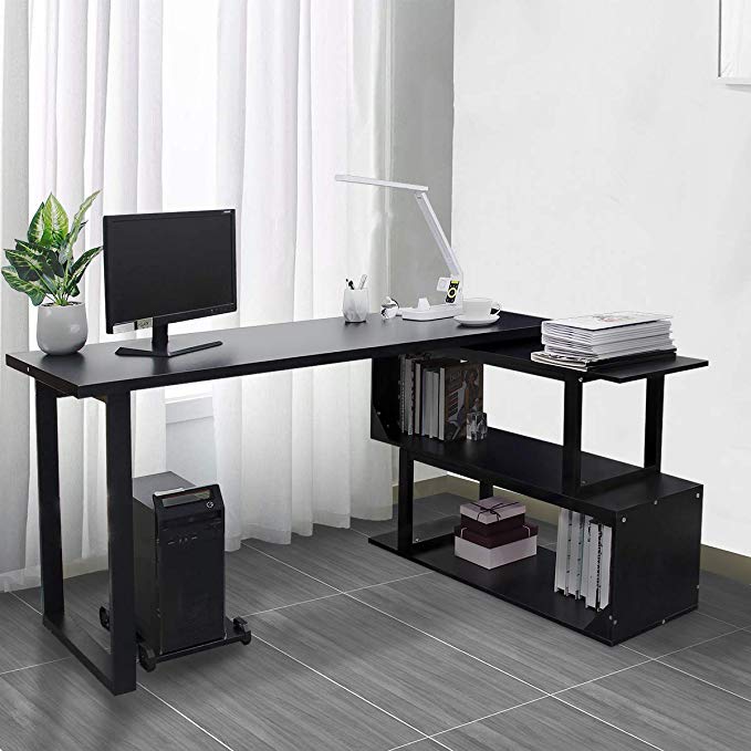 Bizzoelife Free Rotating 55” Corner Desk L Shape Writing Table Storage Shelf Workstation Sturdy Gaming