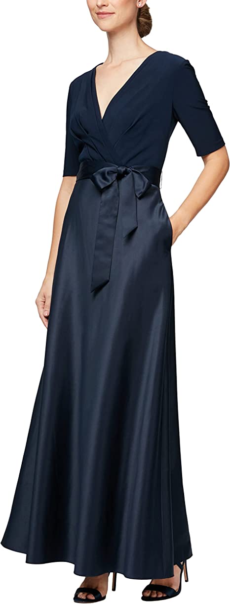 Alex Evenings Women's Satin Ballgown Dress with Pockets (Petite and Regular Sizes)