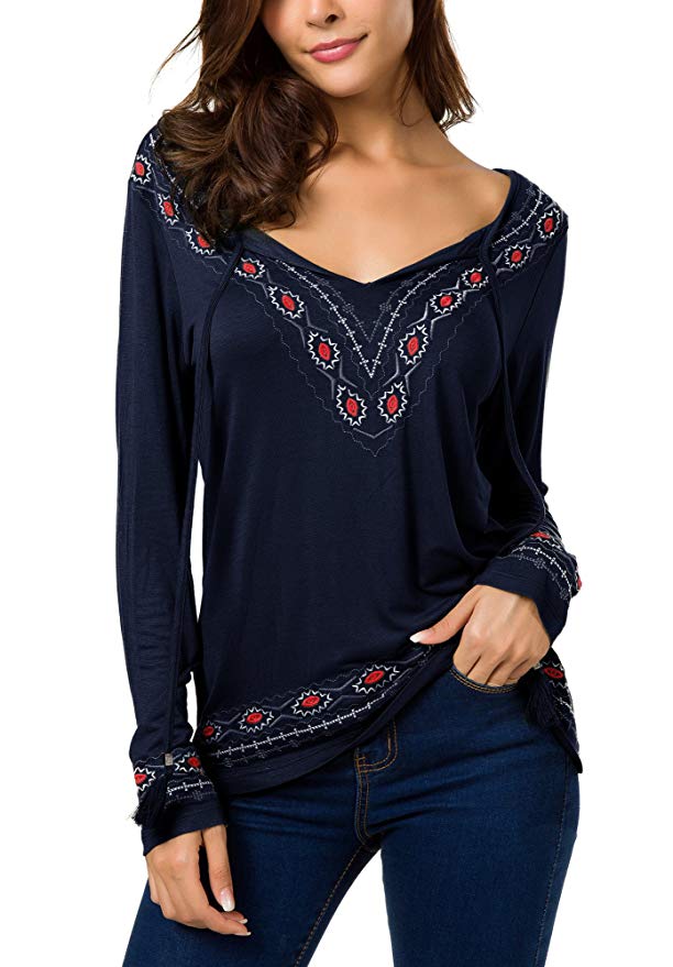 Women's Long Sleeve Boho Tops Tie Neck Embroidered Detail