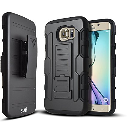 Galaxy S6 Edge Case, Samsung Galaxy S6 Edge Case, Starshop [Heavy Duty] Dual Layers Kickstand Case With [0.33m 9H Tempered Glass Screen Protector Included] and Locking Belt Clip (Black)