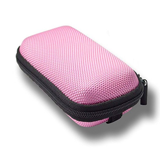 GLCON Pink Rectangle Shaped Portable Protection Hard EVA Case, Mesh Inner Pocket, Zipper Enclosure and Durable Exterior, a Handsfree Lightweight Universal Carrying Bag for Wired or Bluetooth Headset Earphone Earbud, USB Charging Cable, Charger, USB Flash, Ipod, MP3, MP4, Door Key, Car Key and Change Purse