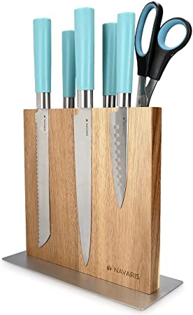 Navaris Wood Magnetic Knife Block - Double Sided Wooden Magnet Holder Board Stand for Kitchen Knives, Scissors, Metal Utensils - Acacia, 8.9 x 8.7 in