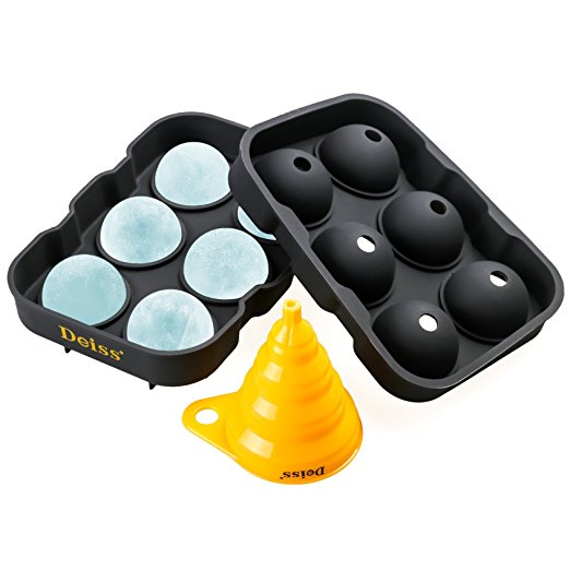 Deiss® ART Ice Ball Maker Mold & Collapsible Funnel — 6 Perfect 1.8 Inch Ice Spheres in Flexible Silicone Tray — Foldable Funnel for Liquid Transfer — Dishwasher Safe