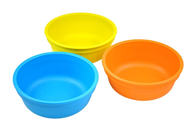 Re-Play Made in USA 3pk 12 oz. Bowls in Sky Blue, Yellow and Orange | Made from Eco Friendly Heavyweight Recycled Milk Jugs and Polypropylene - Virtually Indestructible (Spring)