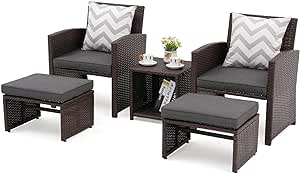 OC Orange-Casual 5 Pcs Patio Conversation Set Balcony Furniture Set with Cushions, Brown Wicker Chair with Ottoman, Storage Table for Backyard, Garden, Porch, Dark Grey