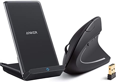 Anker Vertical Ergonomic Mouse & Wireless Charger PowerWave Stand Bundle for Home Office