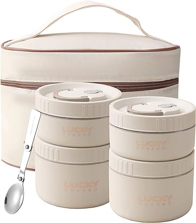 YBOBK HOME Bento Box Adults Lunch Box, Keep Warm Thermal Lunch Container for Food, 18/8 Stainless Steel Portable Insulated Food Container with Bag, Induction Cooker & Microwave Safe (Beige 68oz)