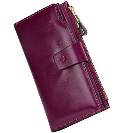 Women’s RFID Blocking Wallet Super Large Capacity Luxury Purse Oil Waxed Cowhide Leather Clutch Wallet with Gift Box Zipper Pocket for iPhone 8/7 Plus & 20 Card Slot Perfect for Female Gift (purple-1)