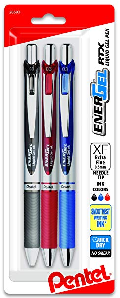 Pentel EnerGel RTX Retractable Liquid Gel Pen, (0.3mm) Needle Tip, Extra Fine Line, Assorted Ink, 3-Pk (BLN73BP3M)