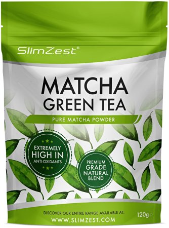 Matcha Green Tea Powder - Premium Grade 120g Pouch - Super Strength Antioxidant UK Manufactured Ultra Fine Easy To Mix Matcha Powder - Perfect for Drinks and Baking with FREE Recipe eBook Included - Natural Metabolism, Energy & Focus Booster - Great Value For Money From A Well Known UK Brand SlimZest - Vegan & Vegetarian Friendly