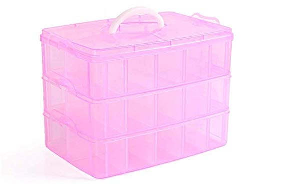 MINGHU 3-Tier Transparent Stackable Adjustable Compartment Slot Plastic Craft Storage Box Organizer Snap-lock Tray Container 3 Sizes 4 Candy Colors Available (Large 30 Compartment, Red)