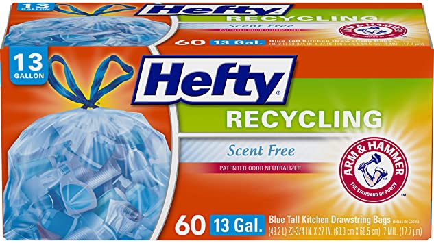 Hefty Recycling Trash/Garbage Bags (Blue, Kitchen Drawstring, 13 Gallon, 60 Count)