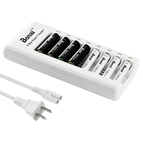Bonai 8 Pack 2800mAh AA & 1100mAh AAA Rechargeable Batteries with Individual Charge Smart Charger( Can Charge One by One Battery, Not Must By Pairs)