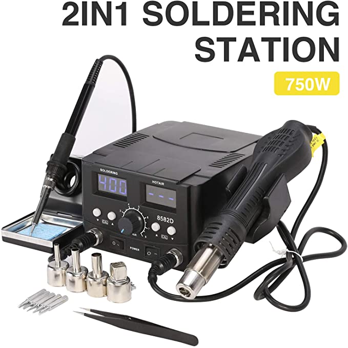 Sfeomi 2 in 1 Soldering Station 8582D 750W Dual Digital Soldering Iron Station SMD Soldering Rework Station with Soldering Iron Hot Air Soldering Gun