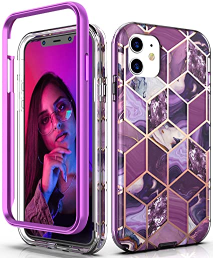 Hasaky iPhone 11 case,Dual Layer Hybrid Bumper Clear Cute Purple Marble Design Soft TPU Hard Back Heavy Duty Anti-Scratch Shockproof Protective Phone Case for Apple iPhone 11 6.1 inch-Purple/Marble.