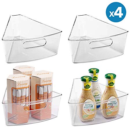 Lazy Susan Organizers (4 Packs), 10”x9.4”x4” Plastic Transparent Kitchen Cabinet Storage Bins, 4" Deep Container, 1/8 Wedge - Food Safe, BPA Free