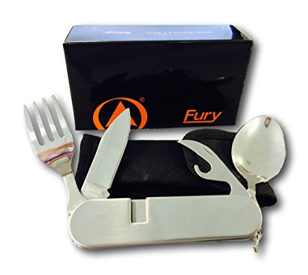 Fury Camping Utensils with Detachable Fork, Spoon and Knife, All Stainless with Nylon Pouch