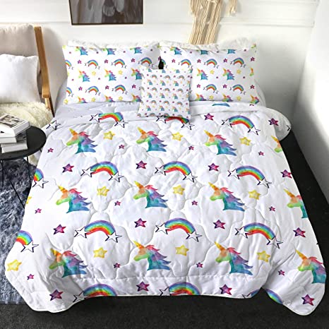 Sleepwish Unicorn Rainbow and Stars Bedding Comforter Set 4 Piece Girly Silhouette of Unicorn Head Bedspreads Bed Comforters for Teens Kids and Girls (Twin)