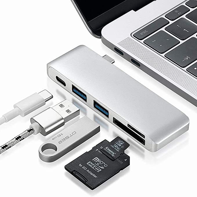 USB C Hub,JAMSWALL 5 in 1 Type-C Adapter,2 Aluminum USB-C 3.0 Charging Port,SD/Micro Card Reader for MacBook,MacBook Pro,Phone,Laptops Other USB Type-C Devices (Silver)