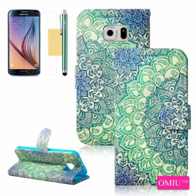 OMIU Slim PU Leather Flip Wallet Case with Stylus Screen Protector and Cleaning Cloth for Samsung Galaxy S6 - Green Flower