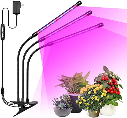 LED Grow Lights for Indoor Plants, 30W Tri Head Plant Light Red Blue Full Spectrum with Auto ON/Off 3/6/12H Timer, 5 Dimmable Brightness Led Grow Lamps for Indoor Outdoor Succulent Potted Plants