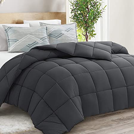 EDILLY Queen Size Down Comforter Luxurious Quilted Duvet Insert - Ultra-Soft Cotton Shell-All Season Comforters, 88"x88", Dark Grey