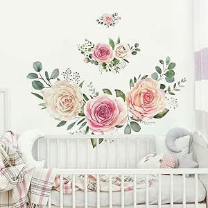 RoomMates RMK4305SLM White and Pink Watercolor Roses Giant Peel and Stick Wall Decals