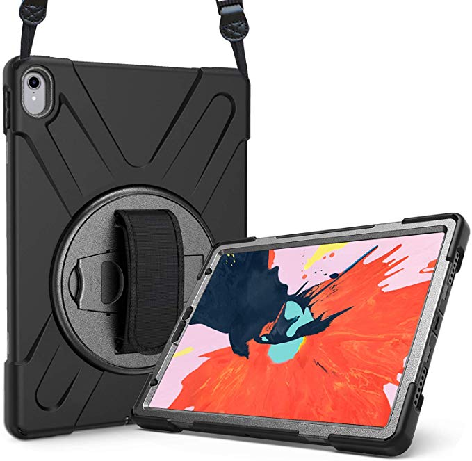 Procase iPad Pro 12.9 Case 2018 [Latest Model], 360 Degree Rotatable Kickstand Cover with Adjustable Hand and Shoulder Strap, 3 in 1 Heavy Duty Shockproof Rugged Case for iPad Pro 12.9" 2018 -Black