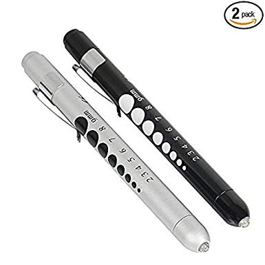 Emoly Nursing LED Medical Penlight with Pupil Gauge and Ruler Chart for Nursing Doctors, Black and Silver(Pack of 2)