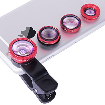 Evershop Universal 4 in 1 Lens Phone Camera Lens Kit Clip on Fish Eye Lens   2 in 1 Macro Lens   Wide Angle Lens   CPL Lens Camera Lens Kit for Smart Phones (Red)