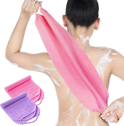 Exfoliating Back Scrubber with Handles 2 Pieces Pink Purple Exfoliating Washcloth Nylon Extended Length Body Exfoliator Brush Stretchable Pull Strap Back Washer for Shower Long Bath and Body Brushes