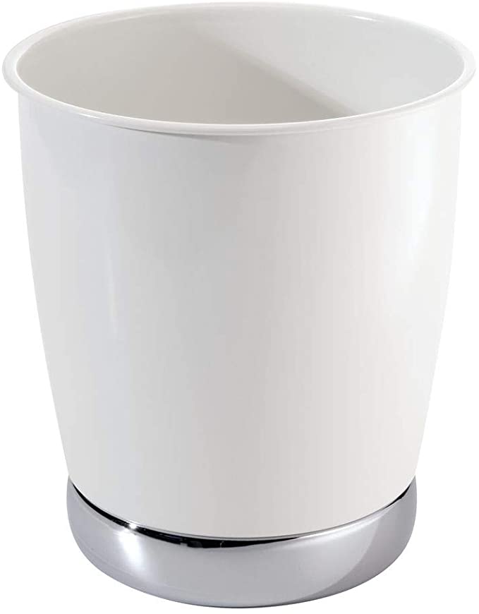 iDesign York Metal Wastebasket, Small Round Vintage Trash Can for Bathroom, Bedroom, Dorm, College, Office, 8.5" x 8.5" x 9.75", White and Chrome