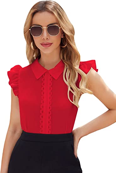 Milumia Women Elegant Lace Front Collared Blouse Ruffle Trim Sleeveless Shirt Top