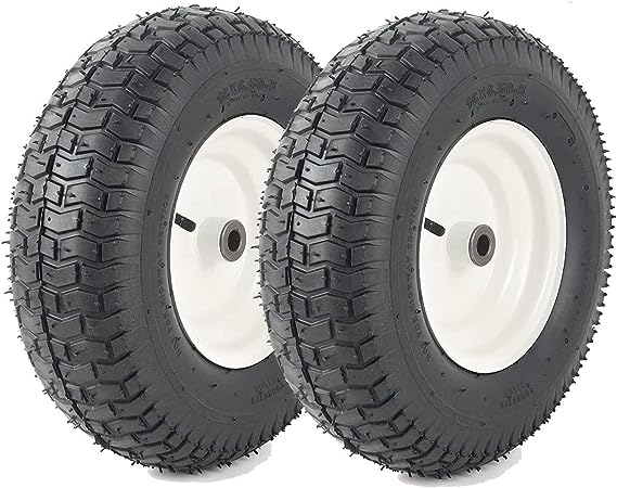 (2-Pack) 16x6.50-8 Pneumatic Tires on Rim - Universal Fit Riding Mower and Yard Tractor Wheels - With Chevron Turf Treads - 3” Centered Hub and 3/4” Bushings - 615 lbs Max Weight Capacity