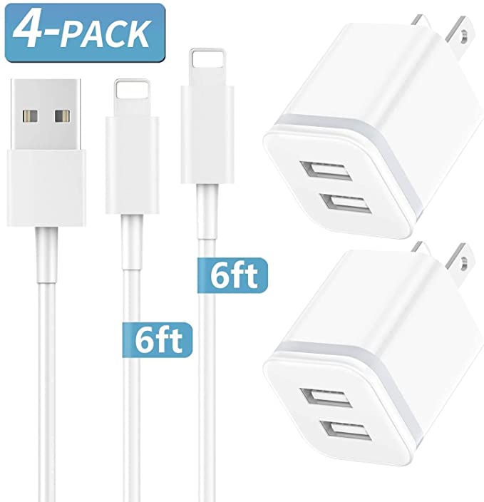 Phone Charger Cable 6 FT with Wall Plug, LUOATIP 4-Pack Charging Cord   Dual Port USB Block Adapter Charging Cube Replacement for iPhone 11 Xs/Xs Max/XR/X 8/7/6/6S Plus SE/5S/5C, Pad