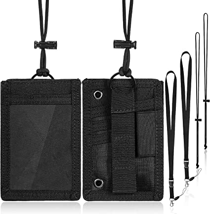 2 Sets Tactical ID Badge Holder Hook and Loop Card Holder, Detachable Credit Card Organizer Pen Holder with Key Ring and 4 Pieces Neck Lanyard (Black)