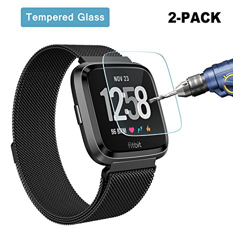 Swees For Fitbit Versa Screen Protector Tempered Glass, 2 Packs 9H Hardness Scratch Resistant Full Coverage Screen Protector HD Clear 0.3mm Shatterproof Protective Film for Fitbit Versa Smartwatch