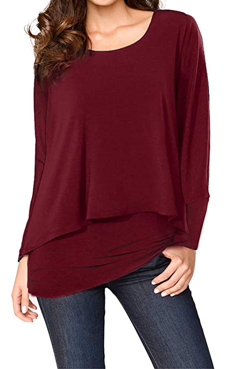 Upopby Women's Casual T-Shirt Long Sleeve Tunic Tops Batwing Layered Round Neck Loose Blouses Plus Size