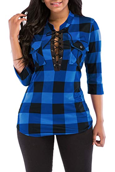 KISSMODA Women's Sexy Fitted Plaid Shirt 3/4 Sleeves Blouses V Neck Tie Front Tops with Pockets