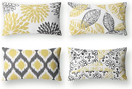 Phantoscope Set of 4 New Living Series Decorative Throw Pillow Case Cushion Cover, Yellow and Grey, 12 x 20 inches, 30 x 50 cm