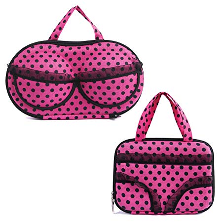 Ikee Design Portable Pink Polka Dot Travel Bra Case & Underwear Case Travel Bag, Travel Packing Cubes, Luggage Organizers 2 Pieces Set Perfect for Suitcase, Backpack and More