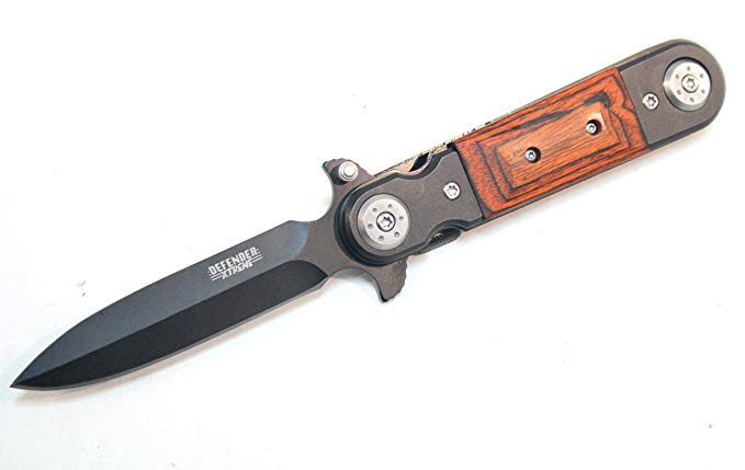 8" Black And Wood Spring Assisted Knife Metal Handle with Clip
