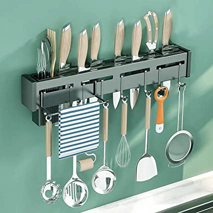 TONY STARK Kitchen Shelf Stainless Steel Wall Mount Knife Holder ,Towel Hanger , Spatula Ladle Hanging Hooks , Cutlery Holder Storage Rack High Grade Metal Multi-Purpose (40 x 5.5 x 7cm)