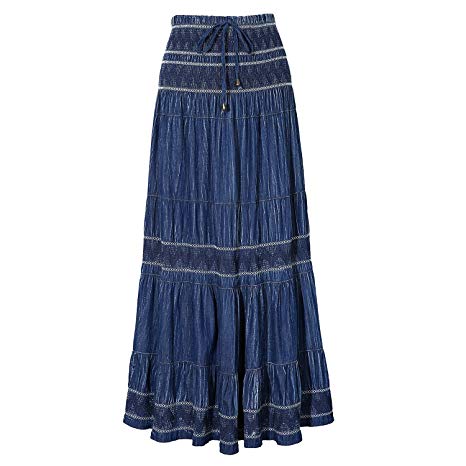 Maxi Cotton Skirt Women's Bohemian Flared Tiered Elastic High Waisted Long Denim Jean Skirts