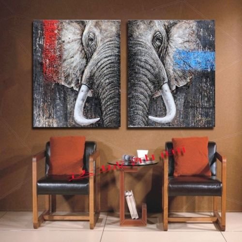 Stretched Frame Hand Painted Oil Paint Promotion Free Shipping Big Elephant Picture Oil Painting Canvas picture oil painting living room wall painting 16x20inchx2(40x50cmx2)